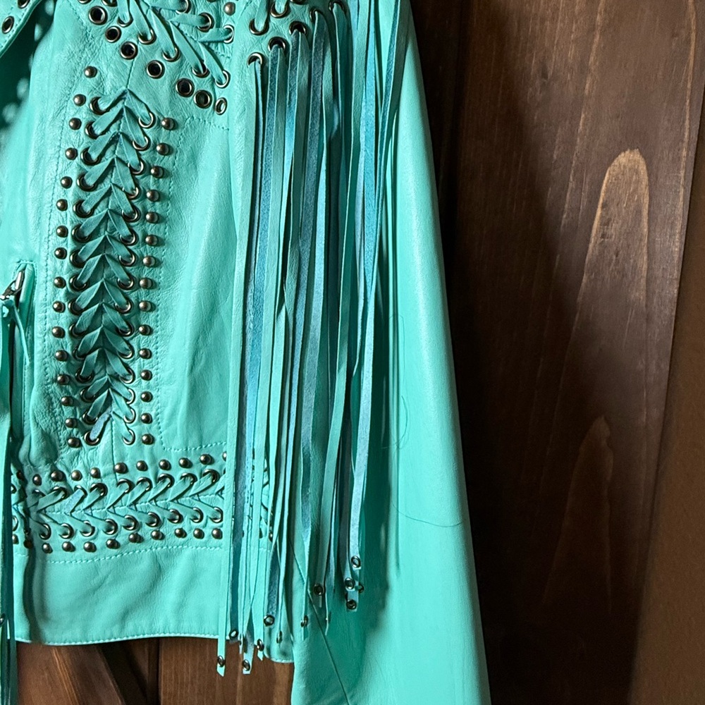 Double D Ranch Turquoise Studded Fringe Leather Jacket - Picture 4 of 10